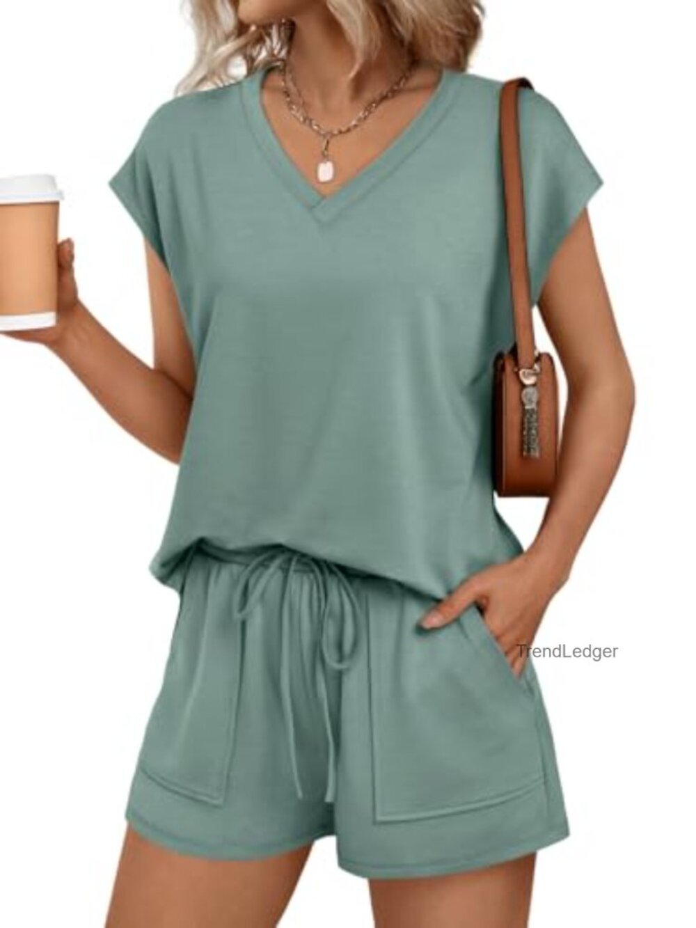 Women's 2-Piece Short Set V-Neck Cap Sleeve Drawstring Lounge